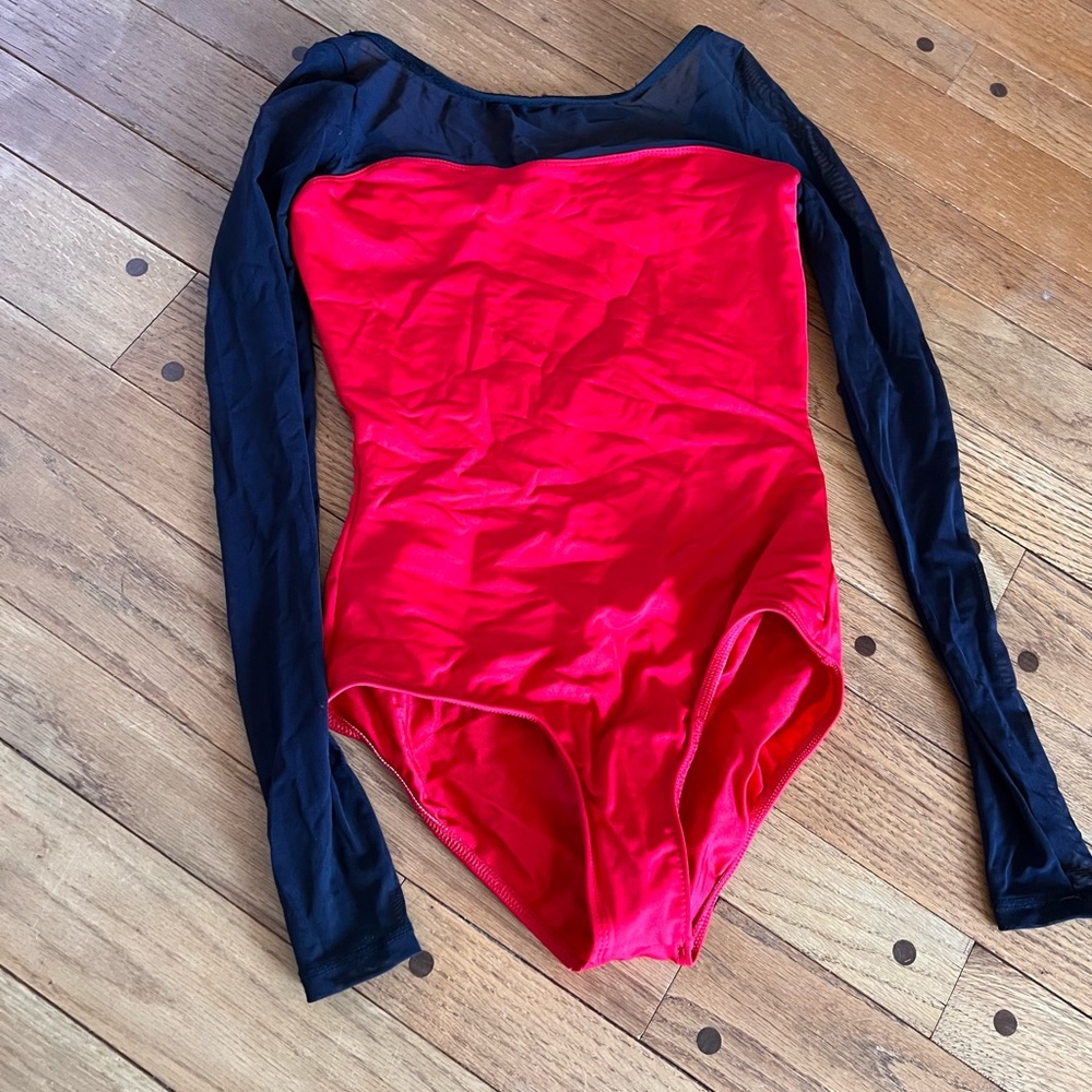 Long sleeve Red leotard with black mesh sleeve